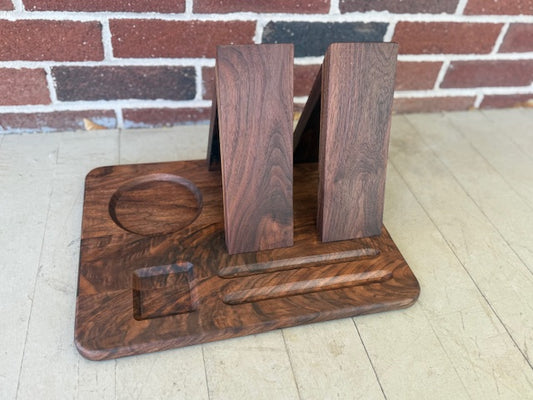 Solid Walnut Book Stand – Desk Organizer with Mug, Pen, and Earbuds recess.