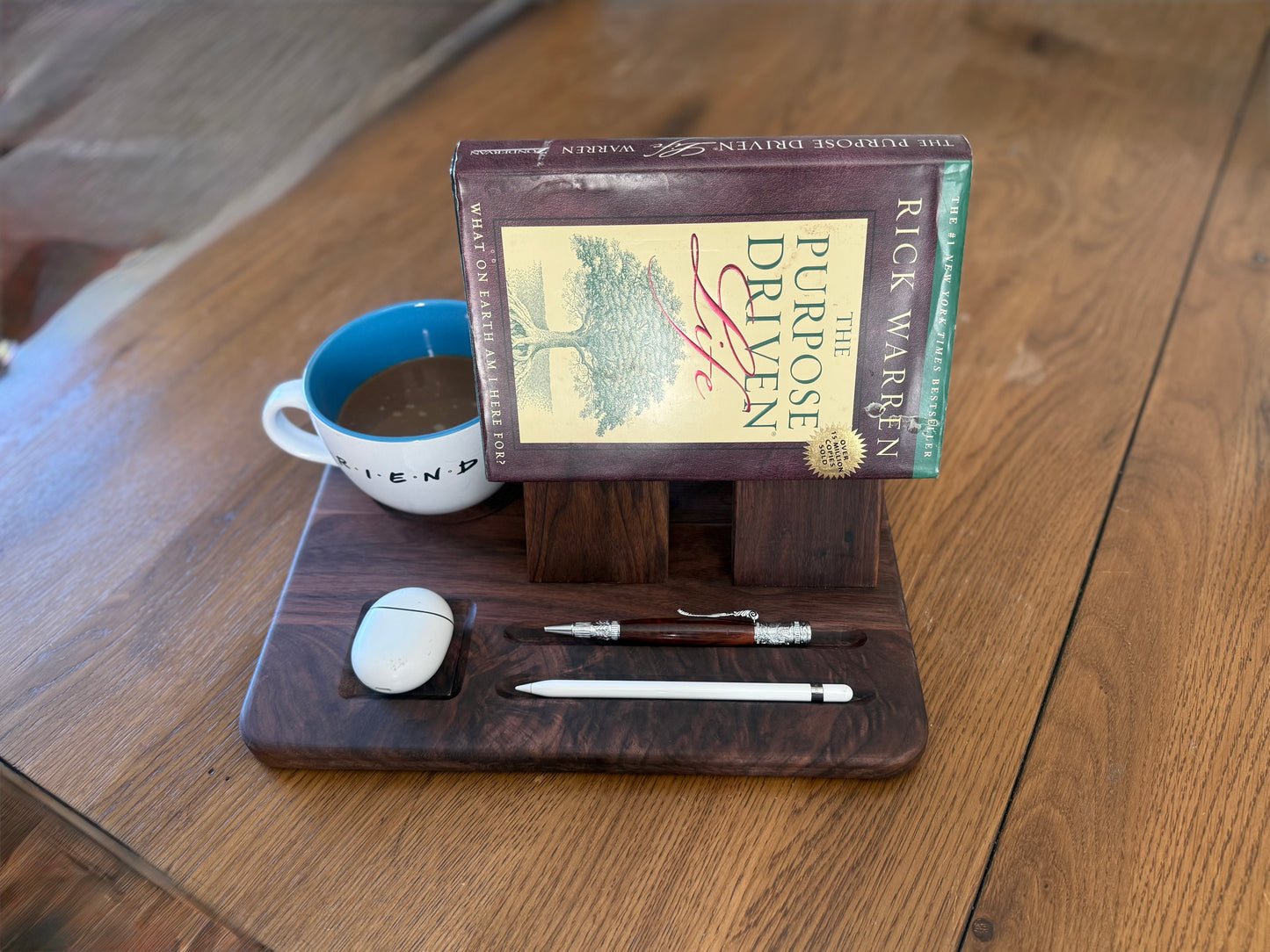 Solid Walnut Book Stand – Desk Organizer with Mug, Pen, and Earbuds recess.