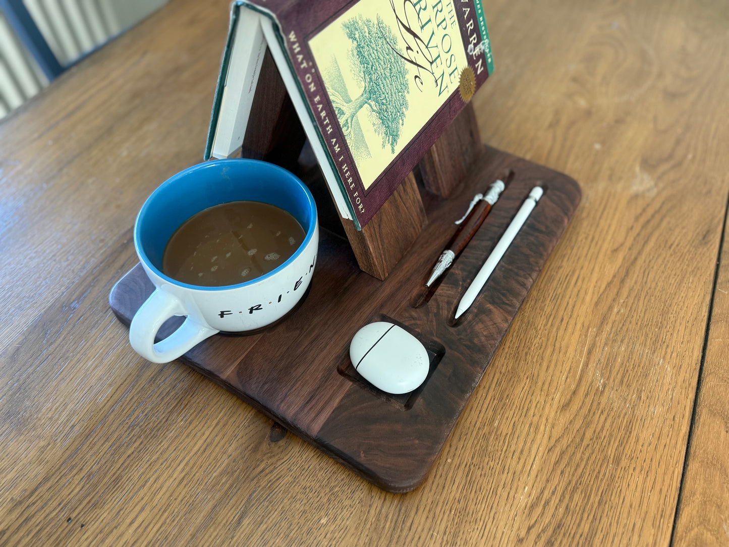 Solid Walnut Book Stand – Desk Organizer with Mug, Pen, and Earbuds recess.