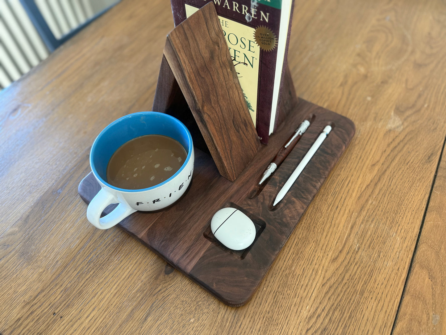 Solid Walnut Book Stand – Desk Organizer with Mug, Pen, and Earbuds recess.