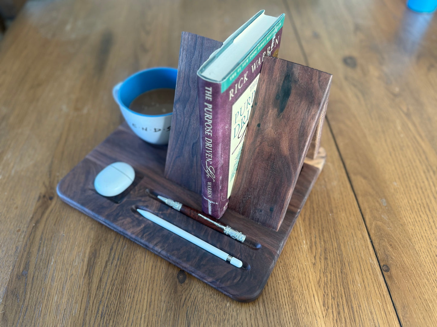 Solid Walnut Book Stand – Desk Organizer with Mug, Pen, and Earbuds recess.