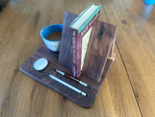 Solid Walnut Book Stand – Desk Organizer with Mug, Pen, and Earbuds recess.